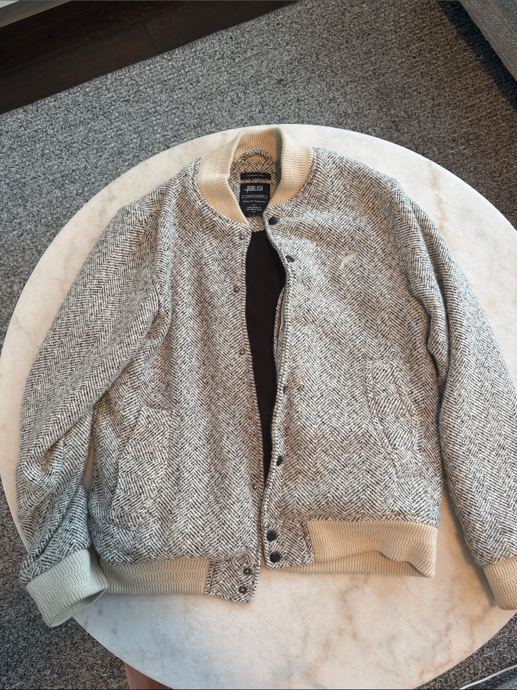 Publish Herringbone Bomber Jacket In Cream And Black